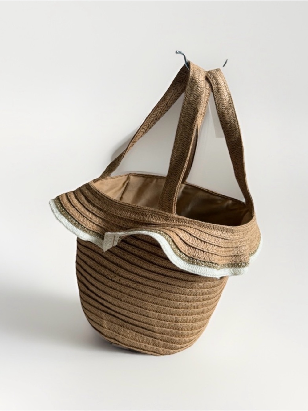 Boho Woven Ruffle Bucket Bag Brown, White & Gold Mini Purse Beachy Cottagecore